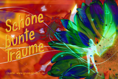 Gute Nacht-Grußkarte, Blume, Engel, Text: Schöne bunte Träume