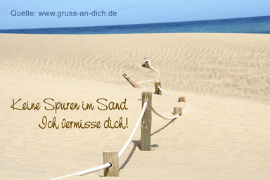 Sehnsuchtskarte, Meer, Sand, Text: Keine Spuren im Sand. Ich vermisse dich!
